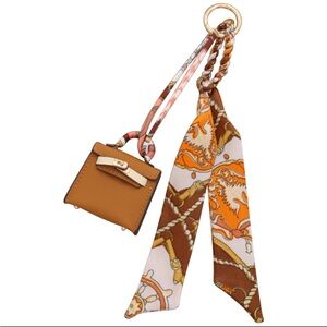 Elegant Tan Mini Bag Charm with Scarf